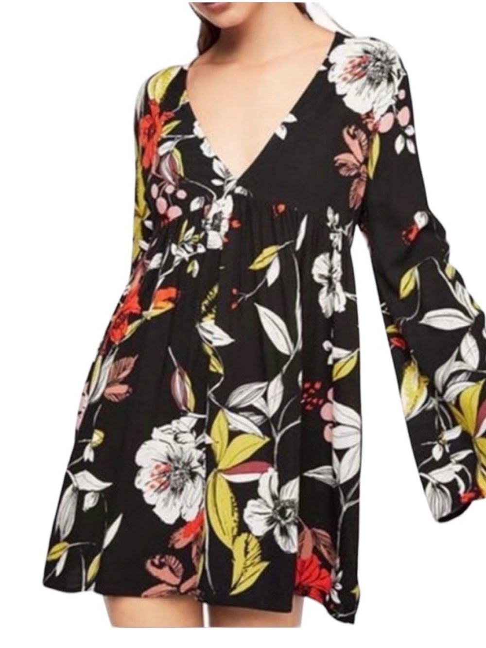 Free People Bella tunic top Black Floral Print Size Medium Boho Hippie Festival